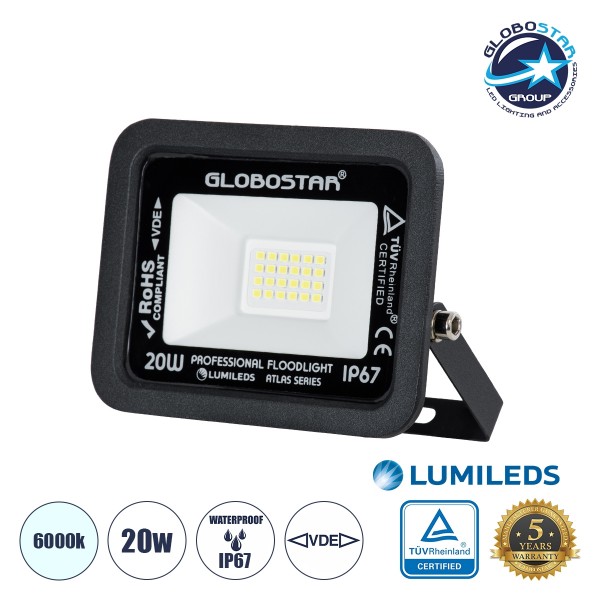 GloboStar® ATLAS 61410 Επαγγελματικός Προβολέας LED 20W 2500lm 120° AC 220-240V Μαύρο - Ψυχρό Λευκό 6000K - LUMILEDS Chips 